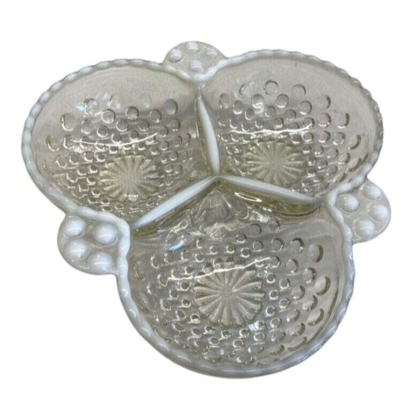 Vintage Clear Glass Divided Serving Dish With Hobnail & Scalloped Design - Picture 1 of 3
